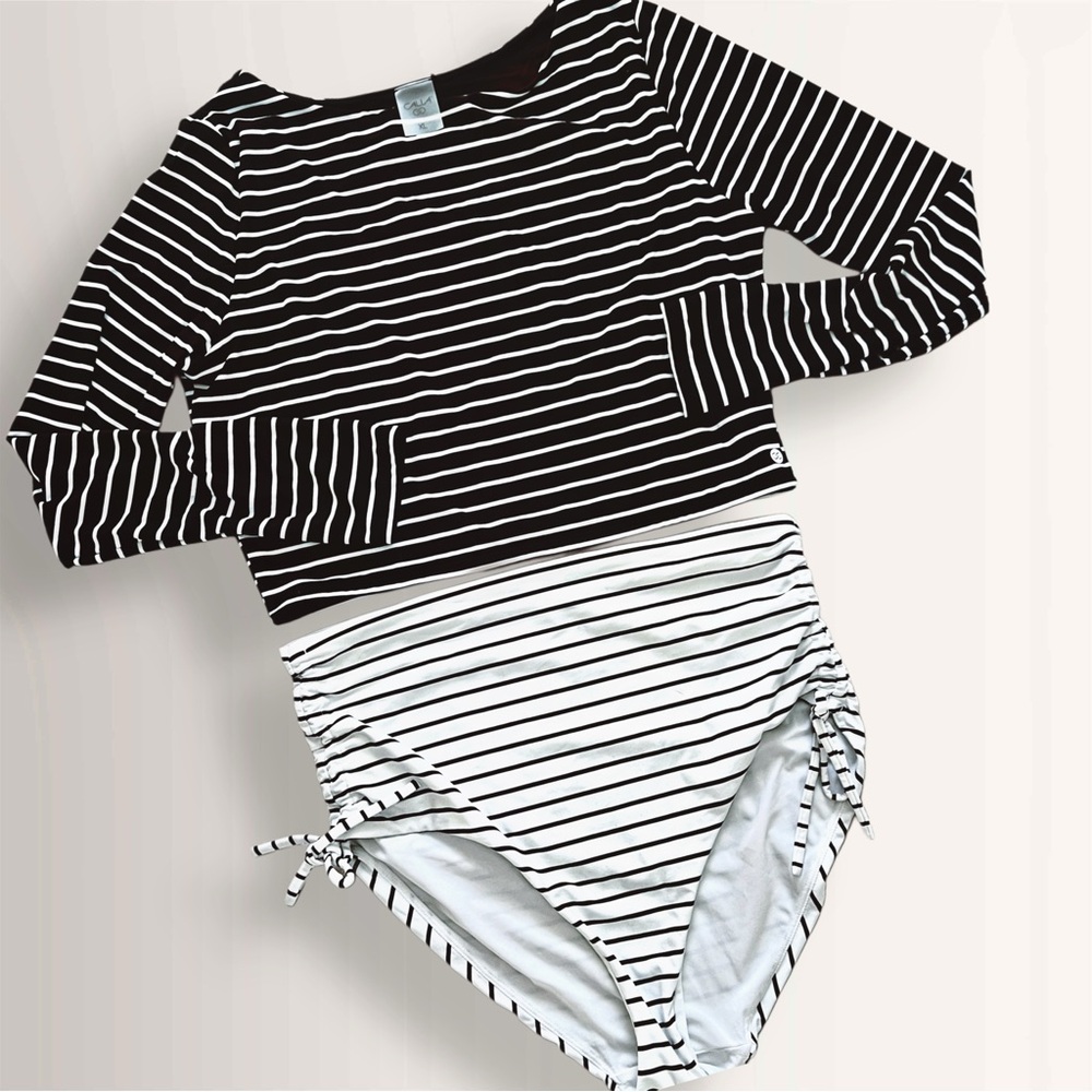 Calia Classy Modest Preppy Striped Beach Comfy Long Sleeve High Waist Swimsuit
